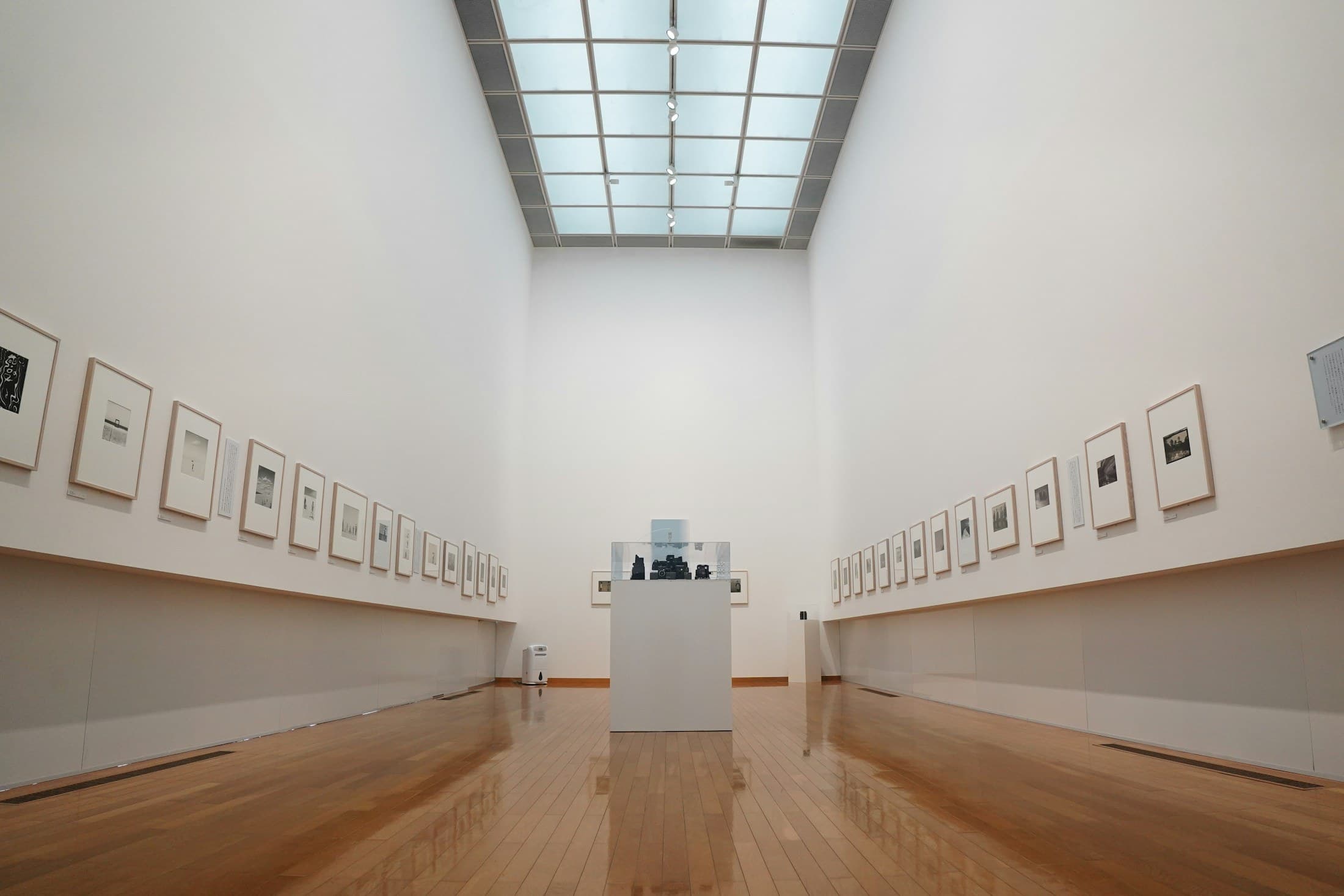 Art gallery with framed works on white walls