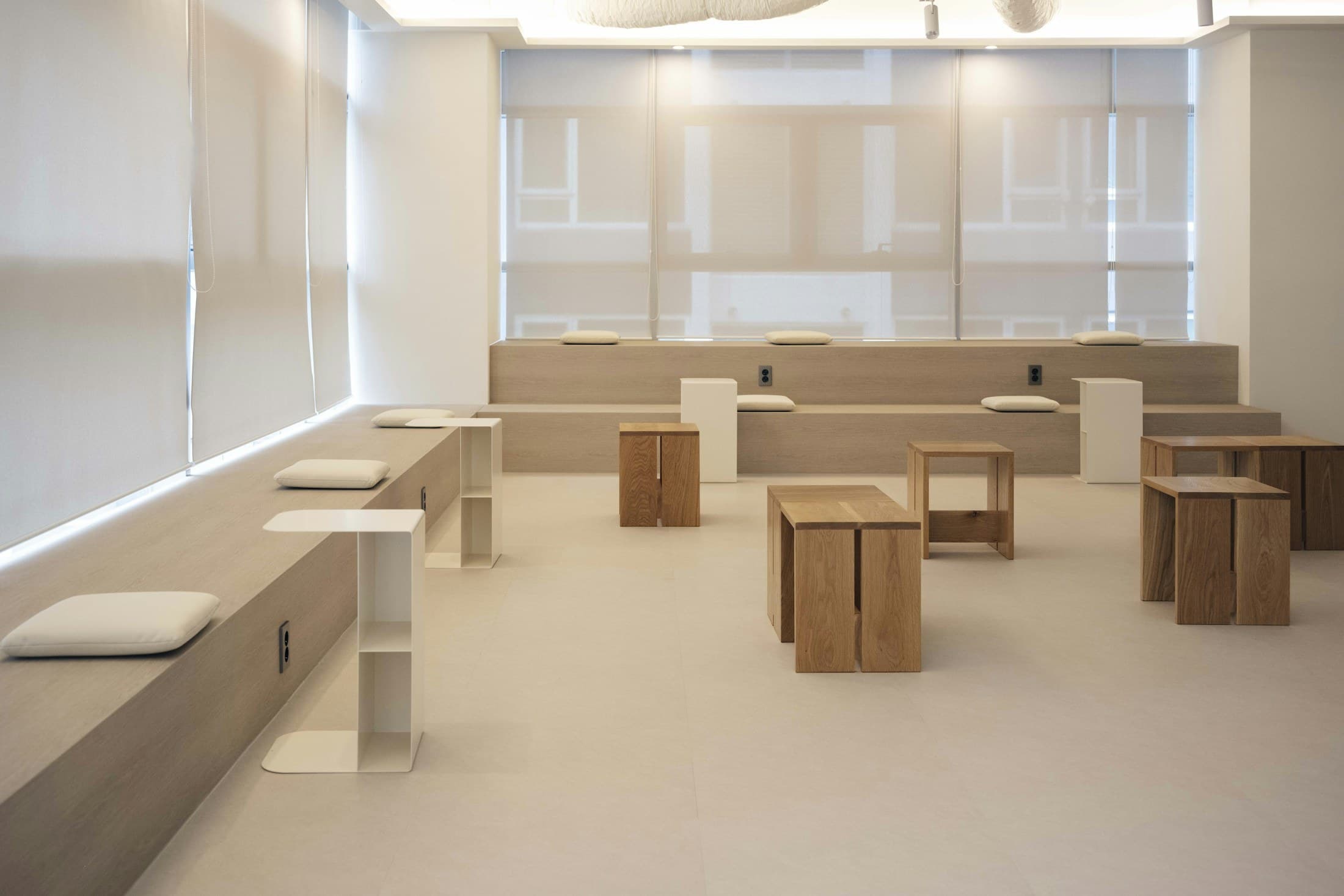 Modern minimalist seating area with wooden furniture
